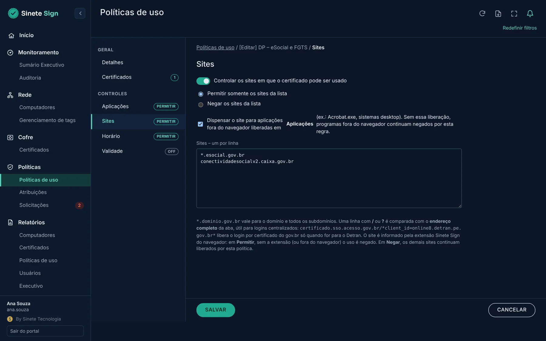 Edição de política de uso com a lista de sites liberados
